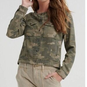 Lucky‎ Brand Camouflage Collarless Button Front Jacket Women's Sz Large Gorpcore
